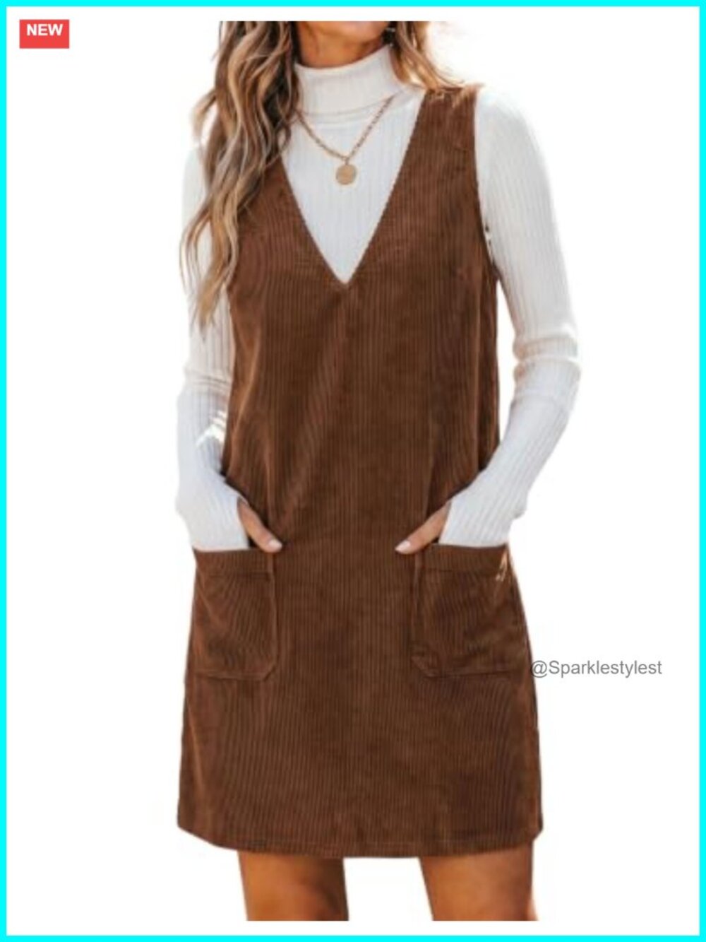 Corduroy Overall Dress V Neck A-Line Mini Pinafore with Pockets